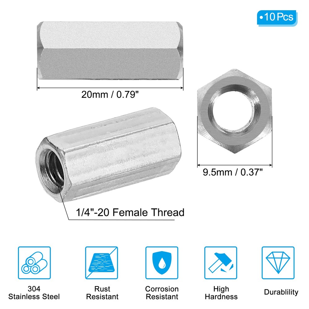 1/4"-20 UNC Hex Coupling Nuts 10Pcs 0.79" Long Fully Threaded Rod Coupling Nut