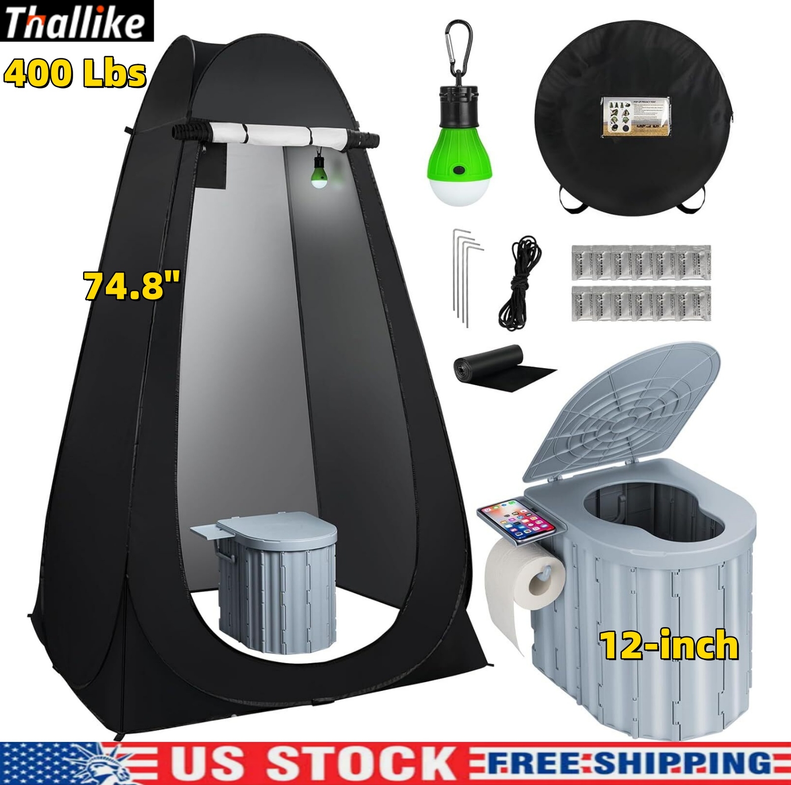 Portable Toilet for Camping with Pop-Up Privacy Tent and Liquid Waste Gel+LED