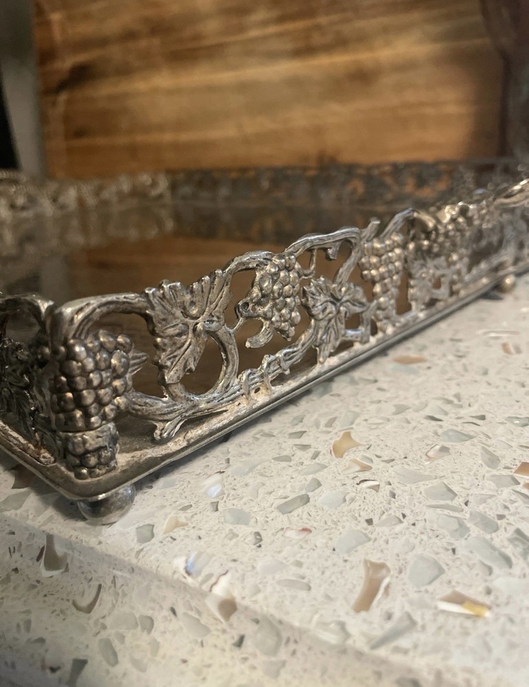 Vtg Godinger Silver Plated Rectangular Tray Grapevine Design w/ Handles