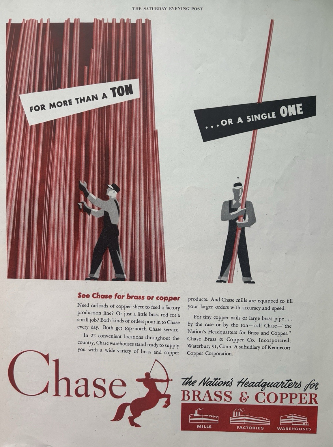 1948 Chase Brass & Copper Kennecott Corp Waterbury Conn Sheet Ton VTG Print Ad