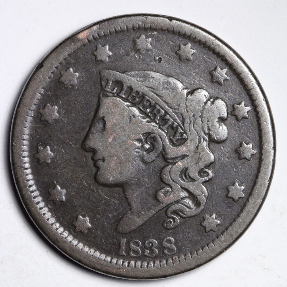1838 Coronet Head Large Cent CHOICE FINE E201 ANL