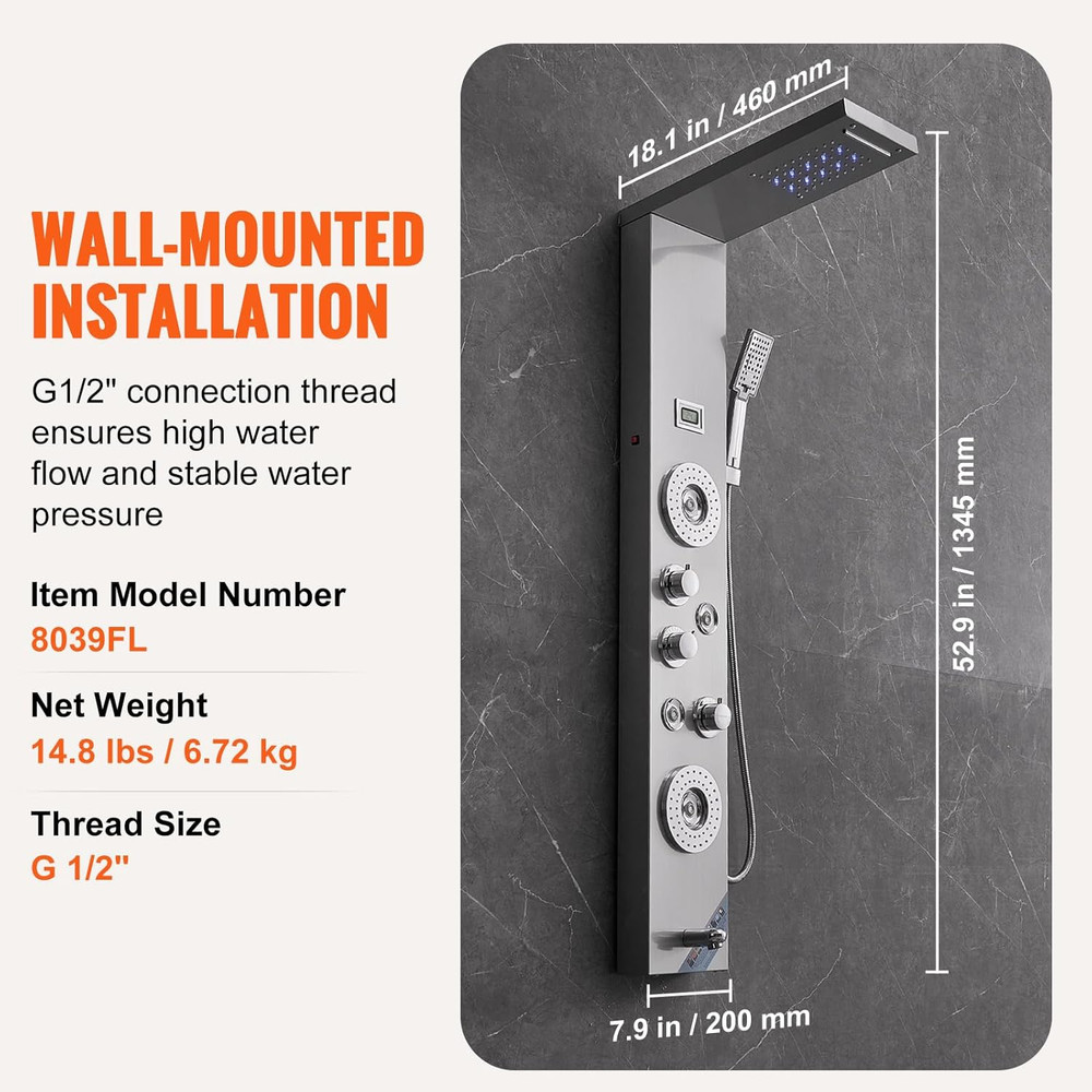 Shower Panel Tower System, 6 Shower Modes, LED & Display Shower Panel, Rainfall,