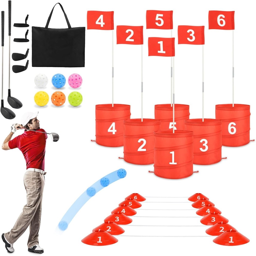 deAO 6 Hole Portable Backyard Golf Game Red