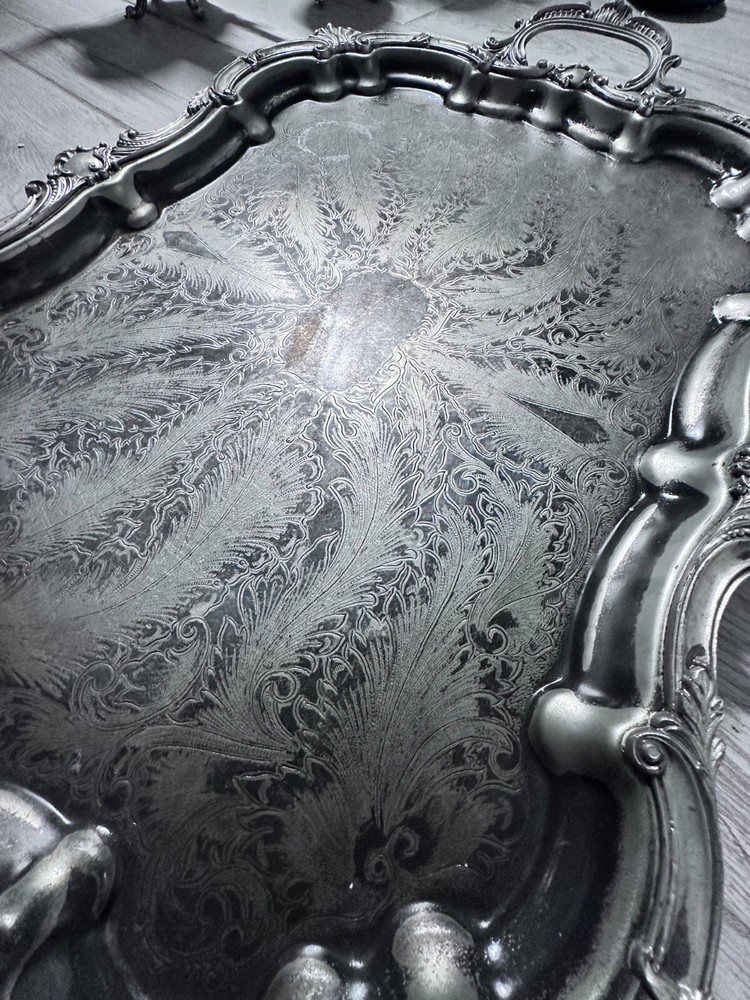 Vintage Beautiful Silver on Copper Tea set 5 pcs., used, tray and vases.