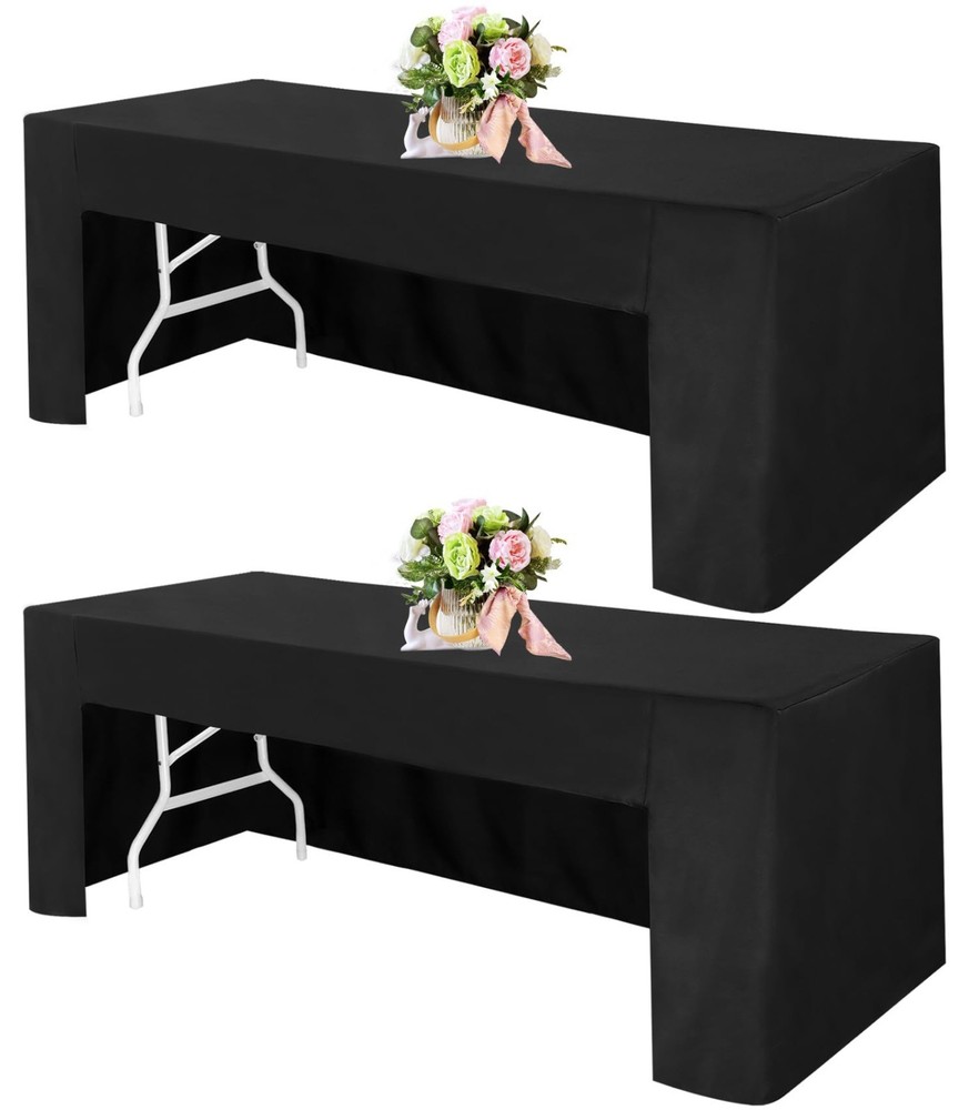 2 Pack 6FT Black Fitted Tablecloths for 6ft Rectangle Tables, Washable Polyester