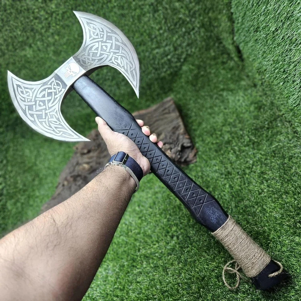 Custom Forged Viking Axe 22" Double Edge Carbon Steel Battle Axe Rosewood Handle