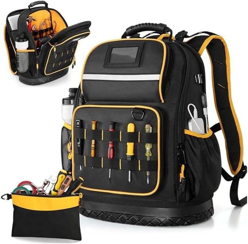 Rugged yet Comfortable Tool Backpack with Hard Molded Bottom and Tool Pouch, Hea