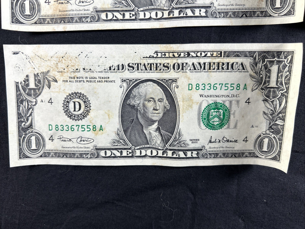 10 US ONE DOLLAR FEDERAL RESERVE NOTES SERIES 2001 INK MISSING PRINTING ERROR