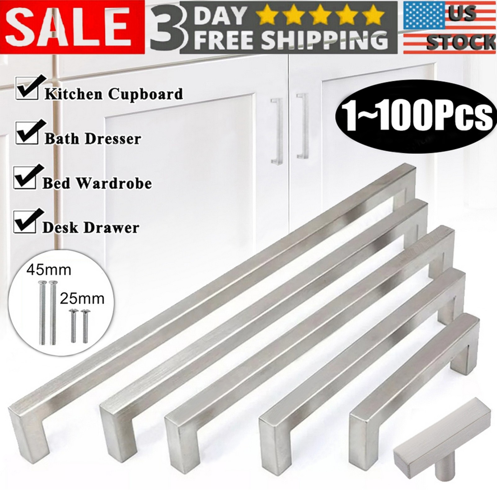 Square Brushed Nickel Cabinet Handles Kitchen Drawer Pulls Stainless Steel Knobs