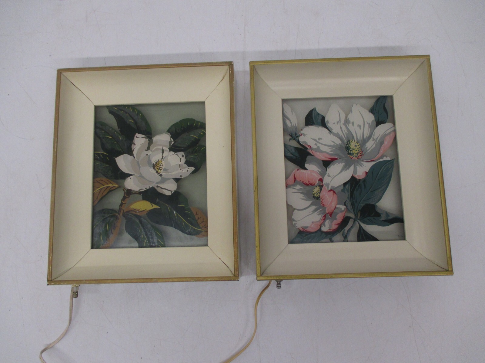 2 Vtg Reverse Painted Glass Floral George Telo Shadow Light Box Lighted Wall Art