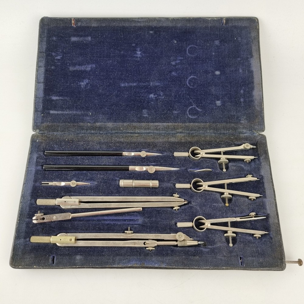 Vintage Cased B.W.C. Drawing Set Various Compasses Etc.