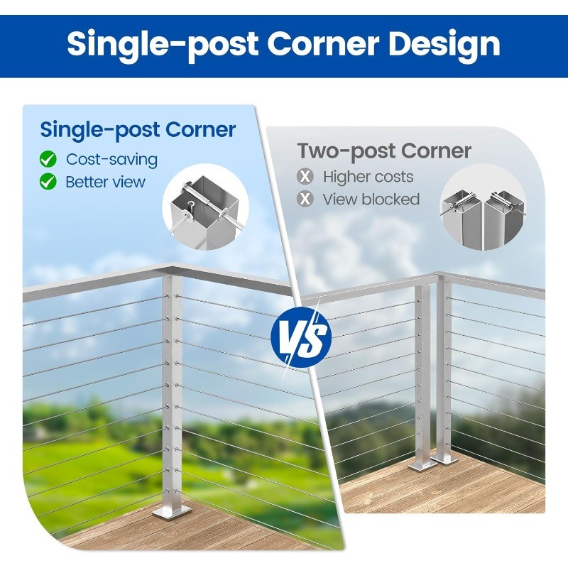 Corner Cable Railing Post T-drilled One-Post Corner Solution Surface Mount