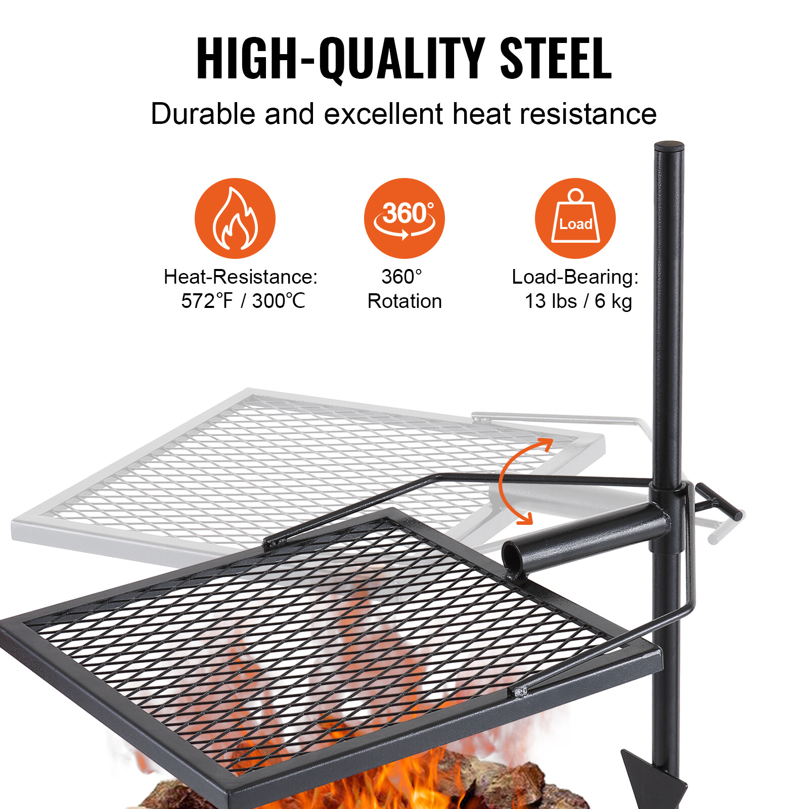 VEVOR Swivel Campfire Grill Heavy Duty Steel Open Fire Cooking Grate Adjustable