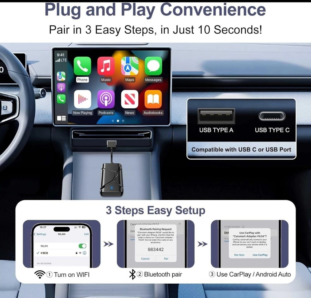 Wireless CarPlay Adapter (2025 Upgraded) – 2-in-1 & Android