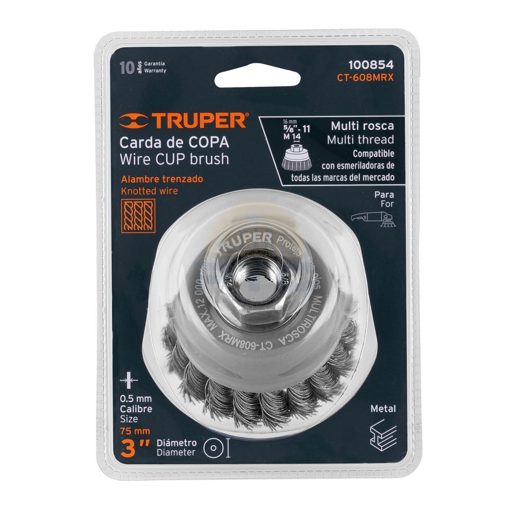 Truper CT-608MRX Carding cup 3" thick braided wire, Multi-thread