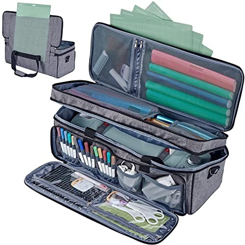 Double Layer Carrying Case for Cricut Maker 4 & Explore 4, Multi Pockets, Grey