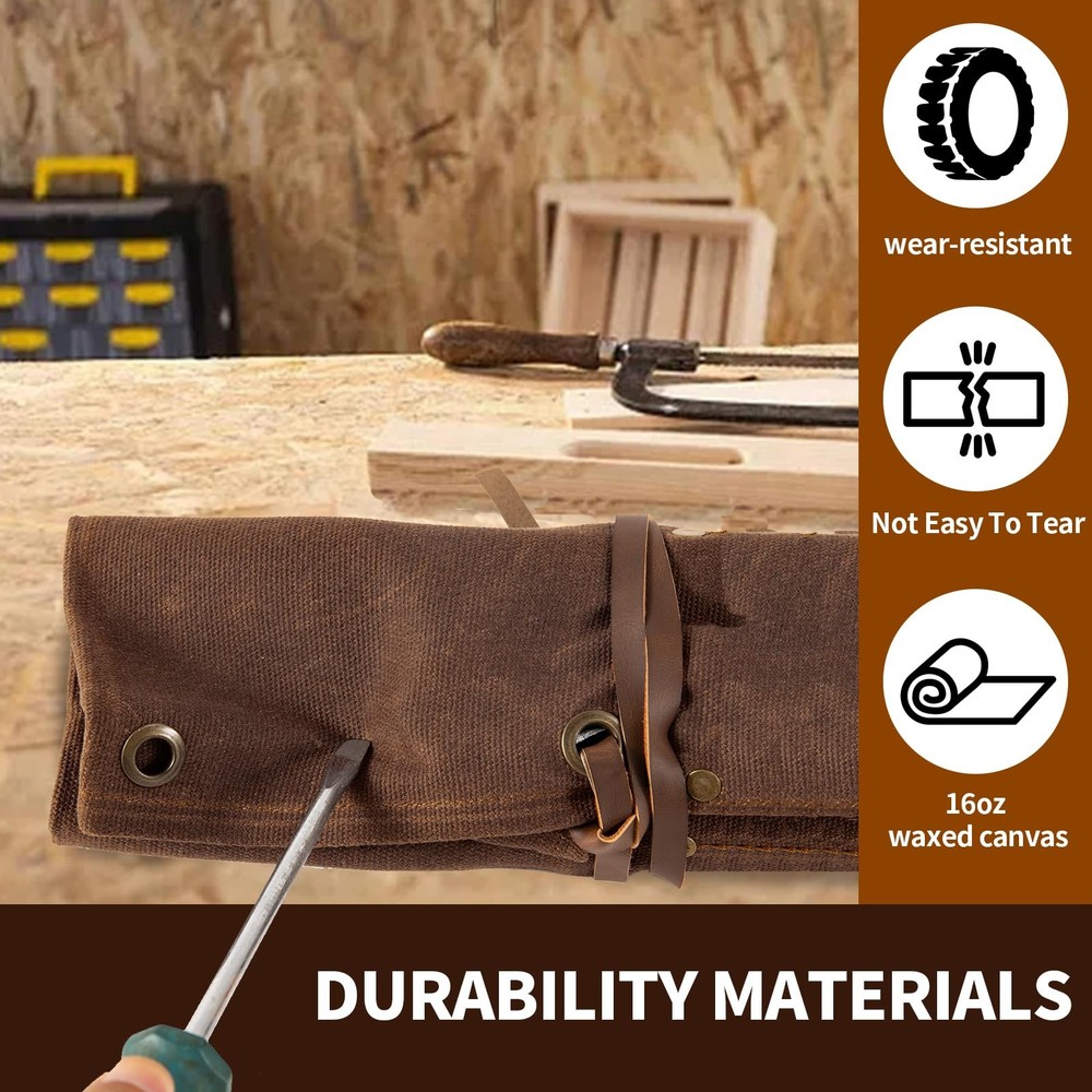 Chisel Roll,6 Pockets Roll Up Tool Pouch,Waxed Canvas Small brown