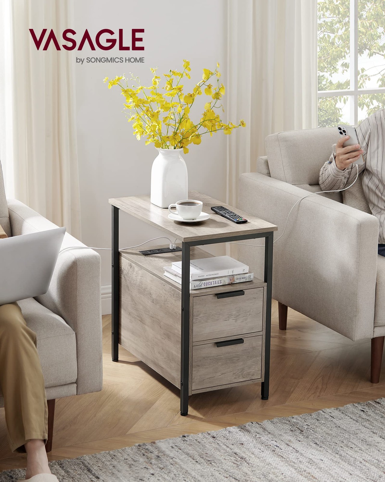 Slim Nightstand with Charging Station 2 Drawers for Small Spaces