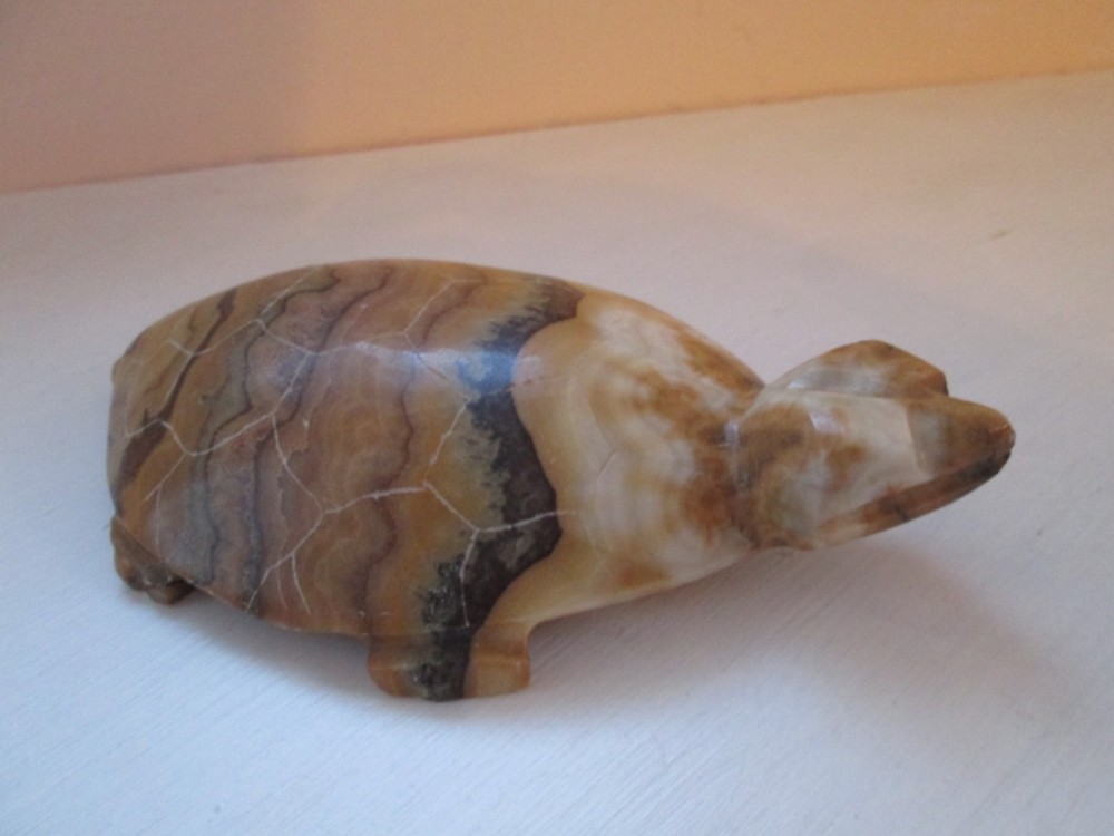 Solid Stone Turtle Figurine Hand Carved 6" Long