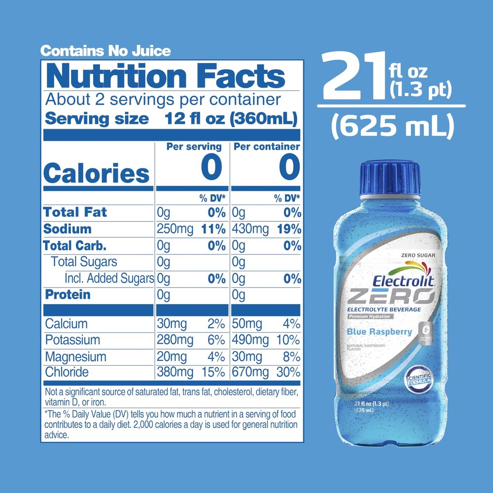 Electrolit Zero, Electrolyte Beverage, Blue Raspberry, 21 Fl Oz bottle Pack o...