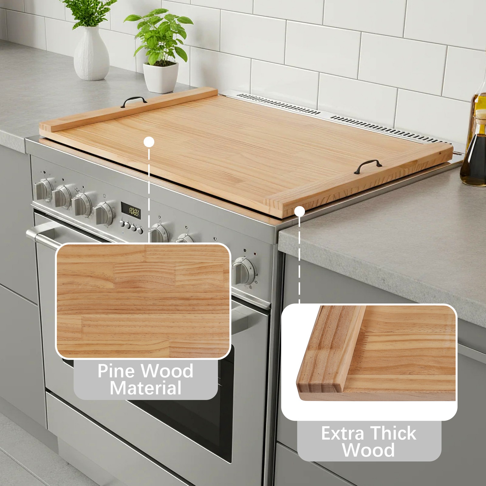 Wood Stove Top Cover Pine Noodle Board w/ Handles for Gas Electric Stove Top 30"