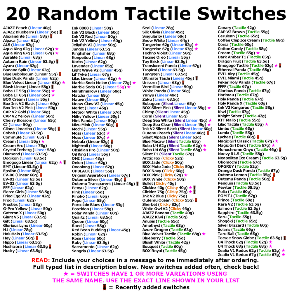 Mechanical Keyboard Switch Tester - 20 RANDOM TACTILE SWITCH SAMPLE PACK