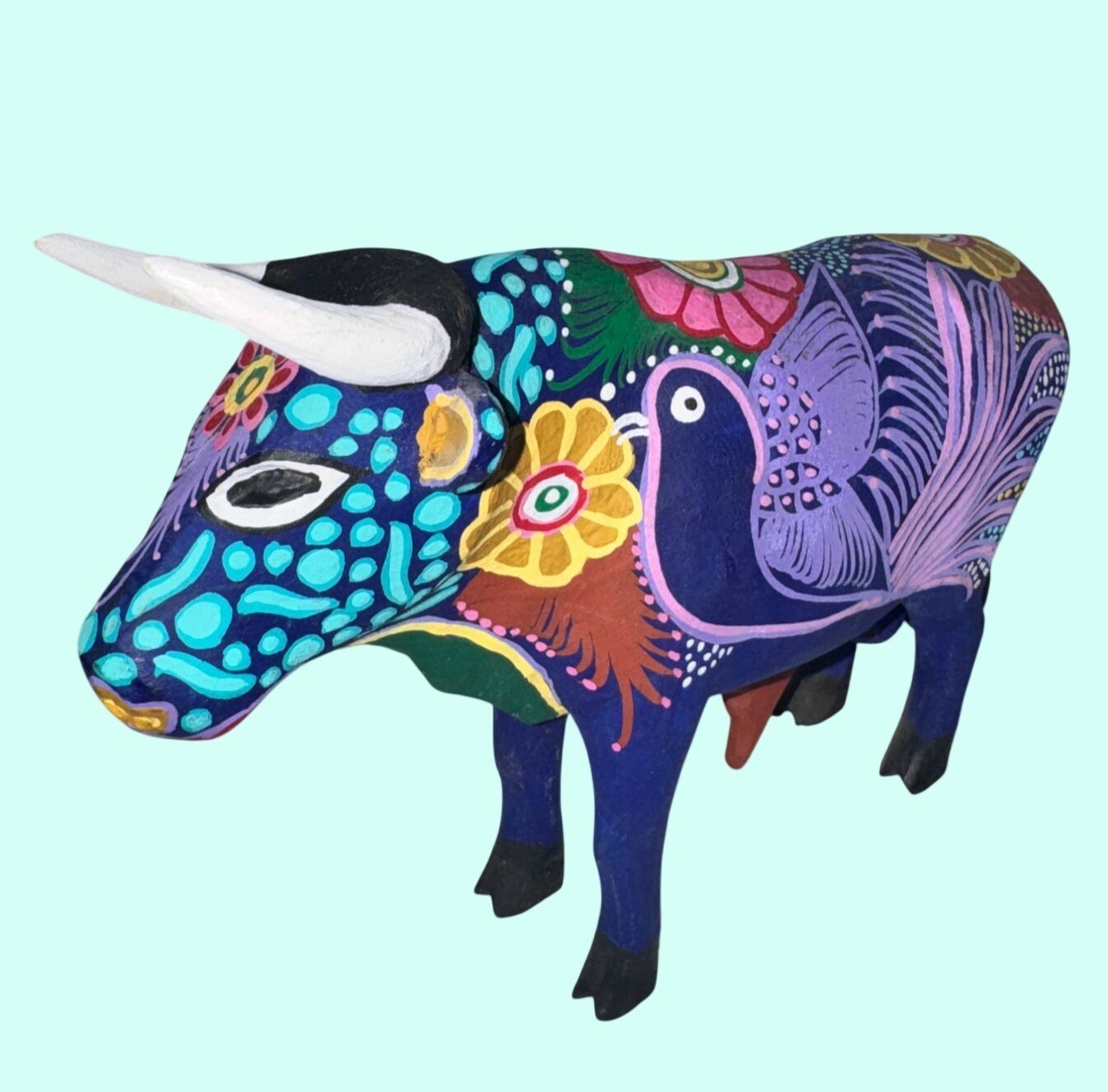 Hand Carved Alebrije Wooden Ox Folk Art Figurines Multicolor 2 Pieces