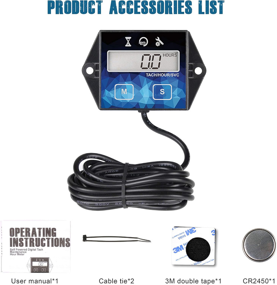 Small Engine Hour Meter, Digital Tachometer, Maintenance Reminder, Battery Repla