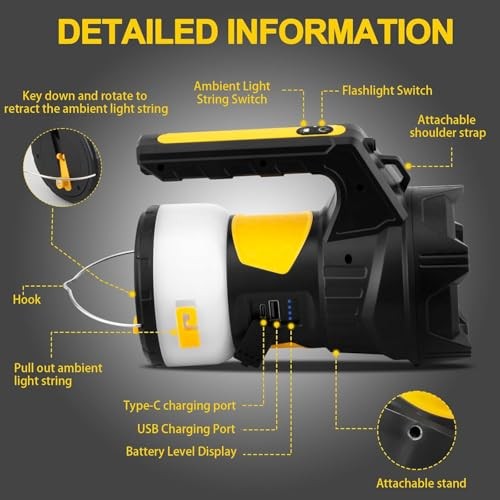 Camping Lantern Rechargeable, LED Flashlight Spotlight Lantern, Waterproof
