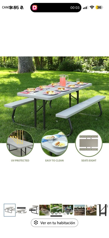 Gray Outdoor Rectangular Picnic Table Plastic UV Protected Easy Clean Seats 8