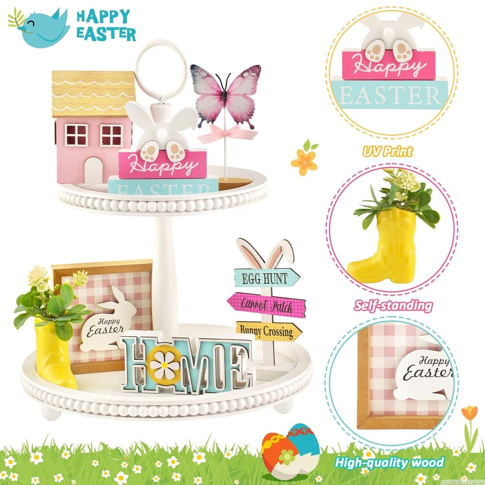 Spring Easter Decorations 8 Pieces Tiered Tray Decor Set, Cute Tabletop Easte...