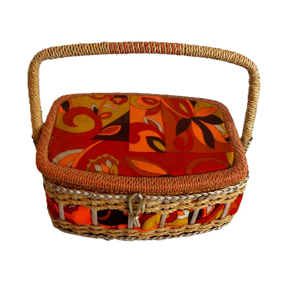 Vintage Sewing Storage Basket Retro Mod Psychedelic Pattern READ