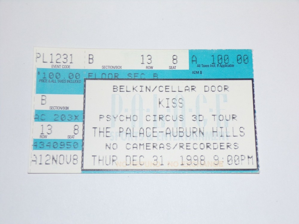 KISS Ticket Stub Dec 31 1998 Psycho Circus Concert Tour Detroit Michigan Vintage