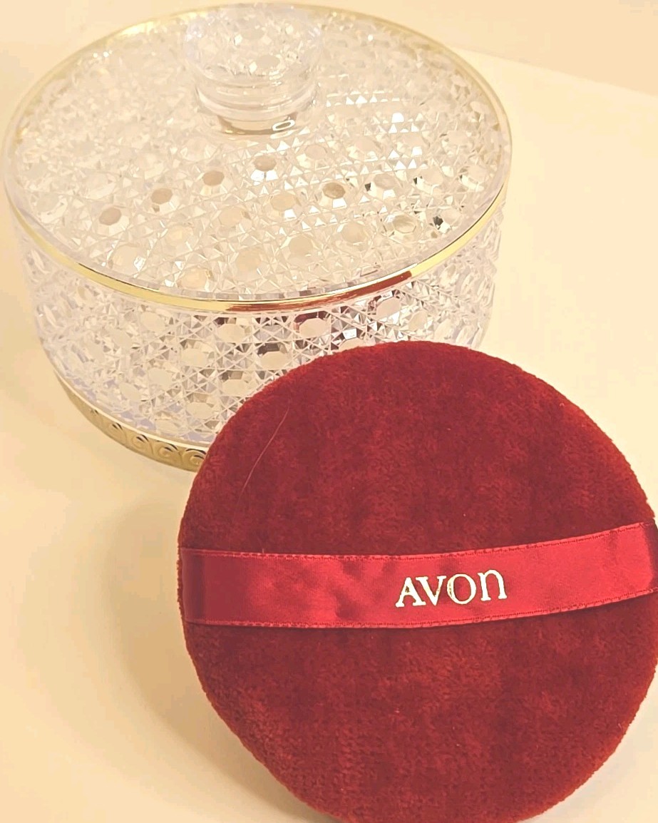 Vintage Avon Powder Box Hollywood Regency Cut Crystal Plastic w Red Puff Vanity