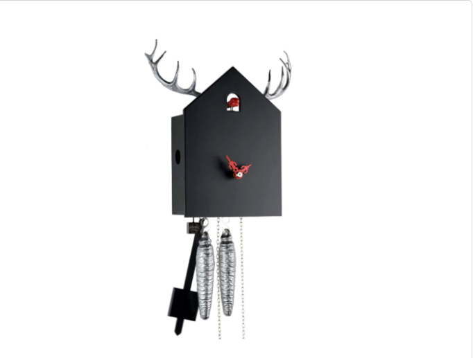 Black Forest Cuckoo Clock with Deer Antlers, Handmade Solid Red Black Cuckoo