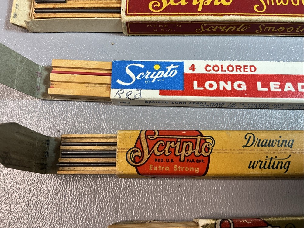 VINTAGE MECHANICAL PENCIL LEADS BY SCRIPTO, FOUR BOXES. PARTIALLY FULL. (S1194)