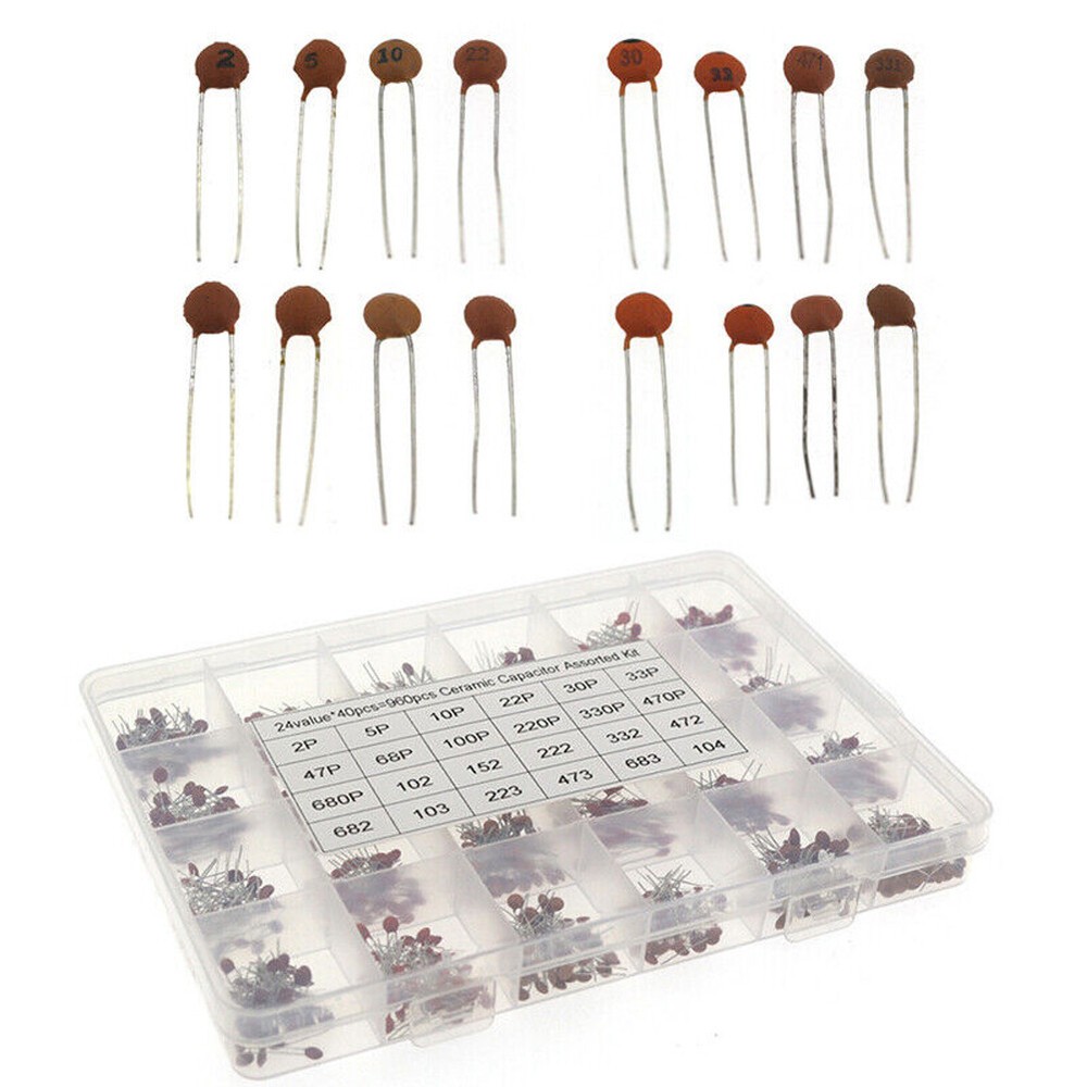 960 PCS 24 Value Ceramic Capacitor 2PF-100NF Assortment Kit for Electronics