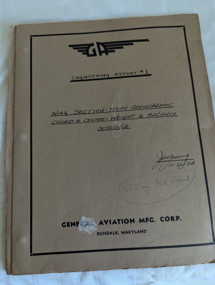 General Aviation NAA Engineering Report #1 Wing Section Mean Dynamic 1934