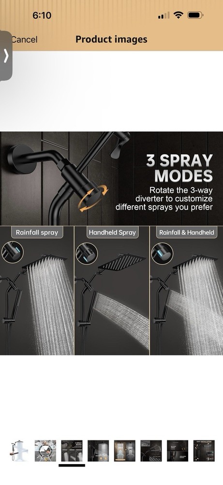 Matte Black Metal Shower System, Square Rainfall & Handheld, 3 Modes