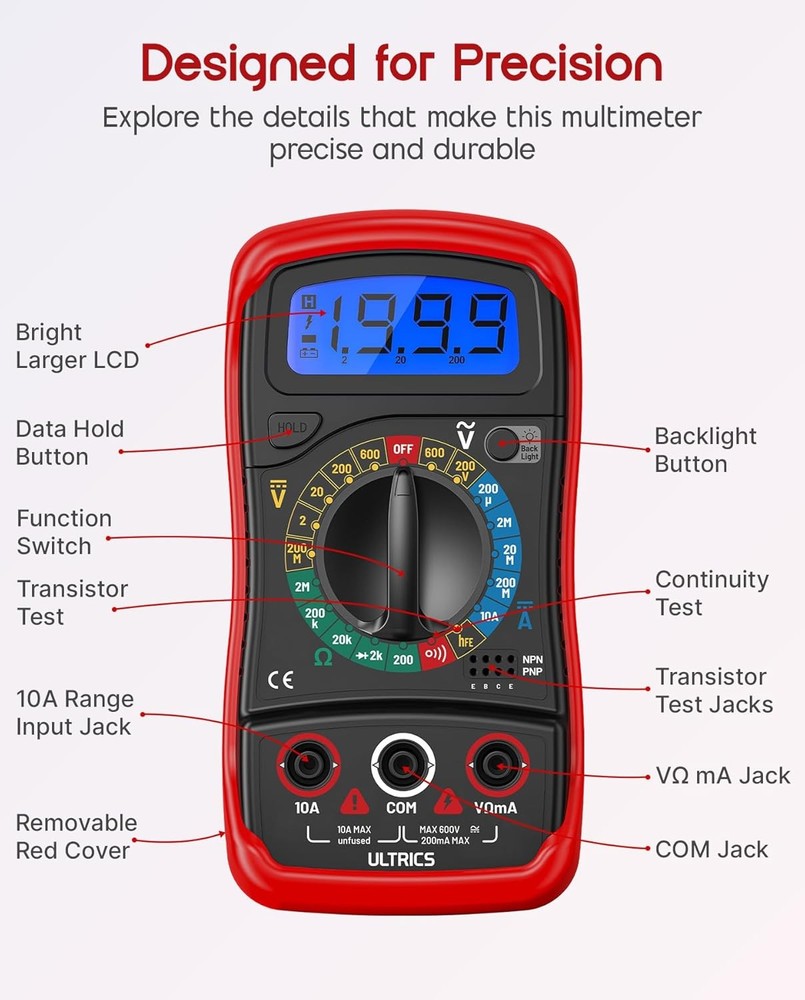 Digital Multimeter,Voltmeter Ammeter Ohmmeter with Test Leads Backlight Display