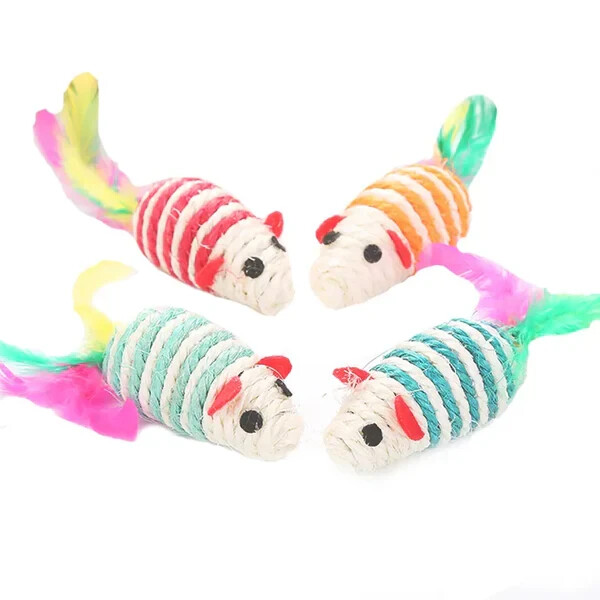 Sisal Scratch 'n' Feather Mouse Cat Toy- 4 pack