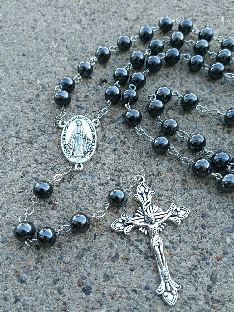 Genuine Hematite MIRACULOUS MEDAL Catholic Rosary
