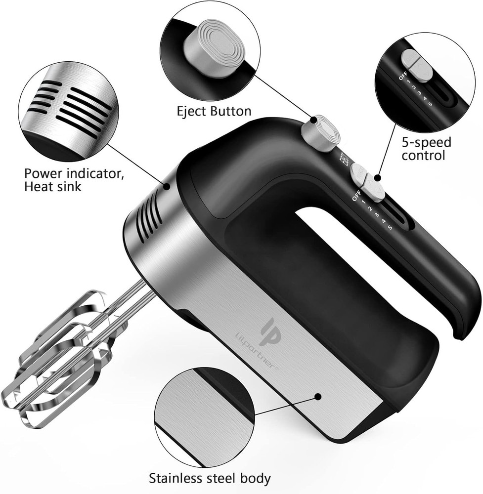 Compact Stainless Steel Hand Mixer - 5 Speeds, Eject Button & Storage Case