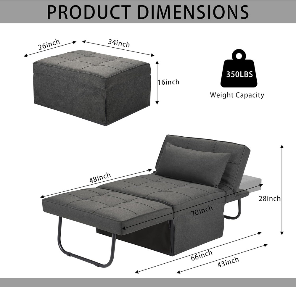 BIGSYY Sofa Bed, 4 in 1 Multi-Function Folding Ottoman Breathable Linen Couch Be
