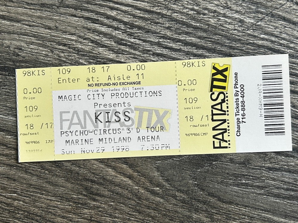 KISS Full Ticket Stub Psycho Circus Tour Nov 29 1998 Buffalo NY Vintage Kiss