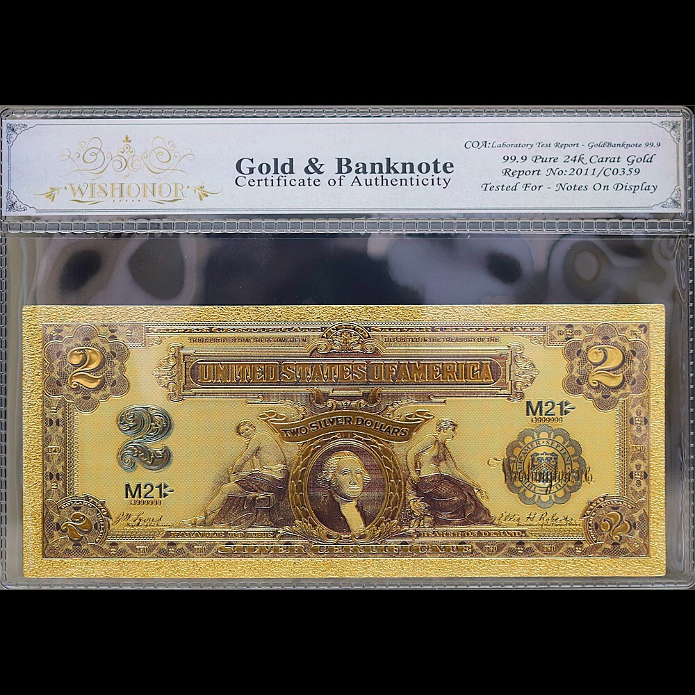Gold 1899 $2 Two Dollars Banknote Collectible with Bag & Certificate