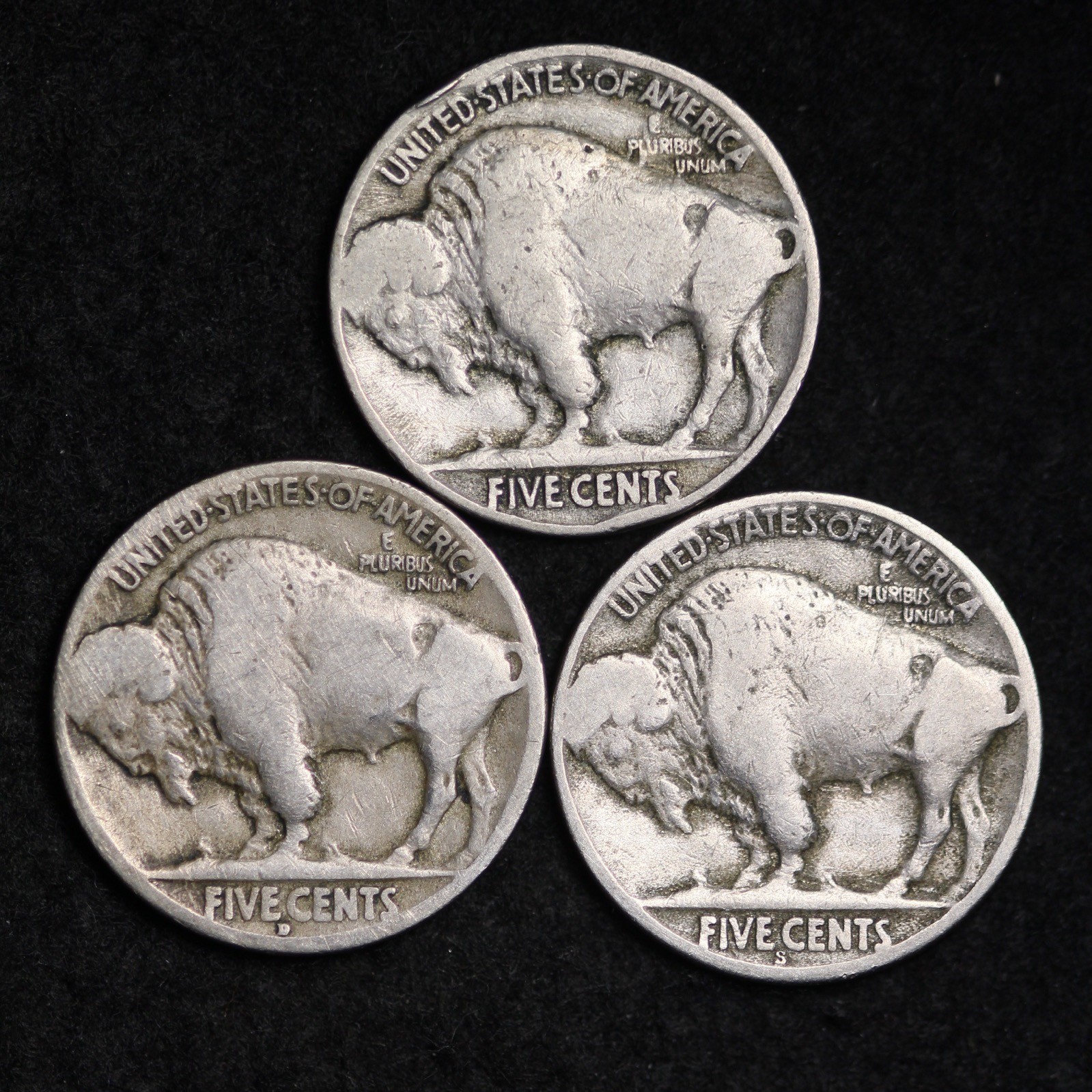 SET OF 3 COINS 1927 P D S Buffalo Nickel G / VG FREE SHIPPING