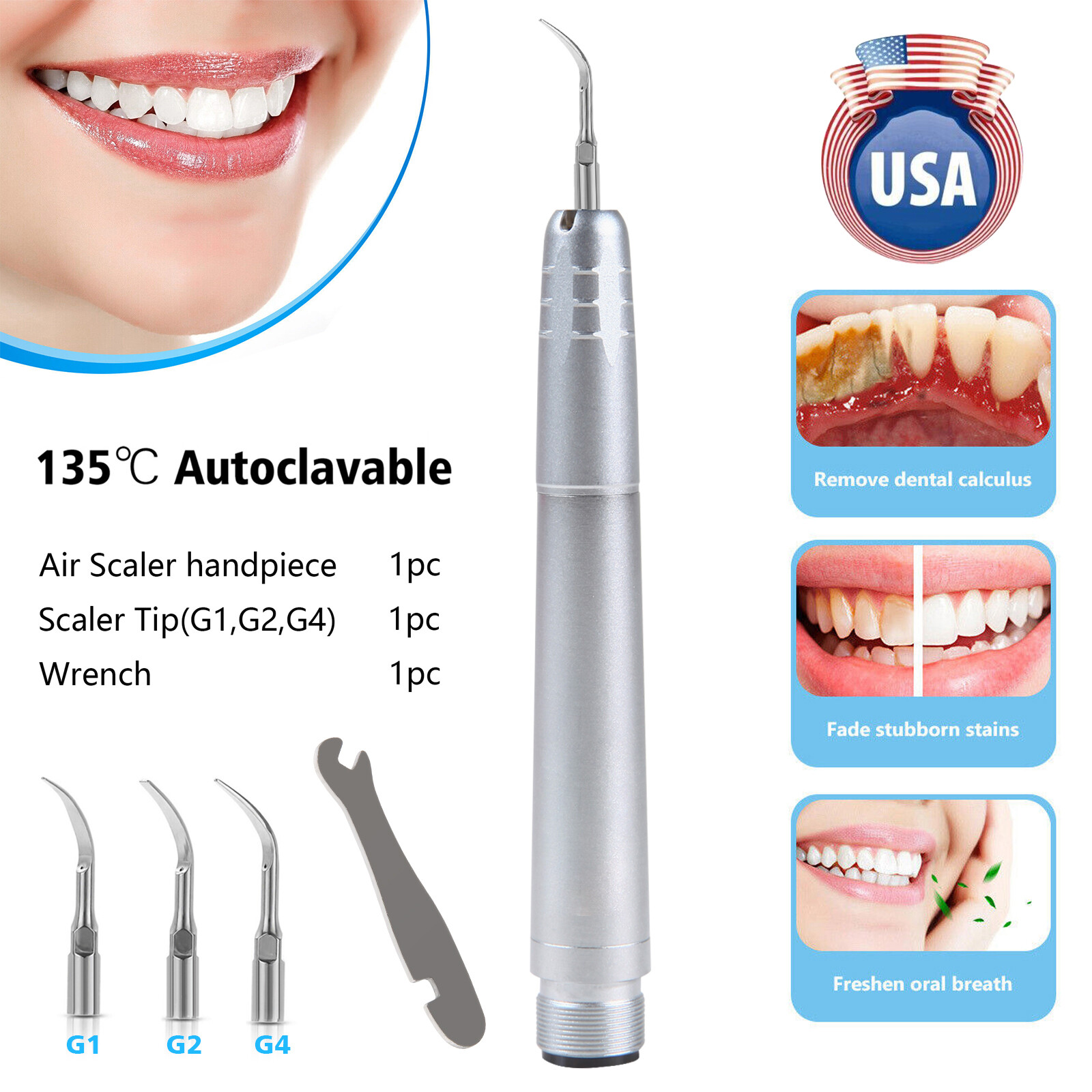 USA Dental Ultrasonic Air Perio Scaler Handpiece Hygienist 2/4-Holes With 3 Tips
