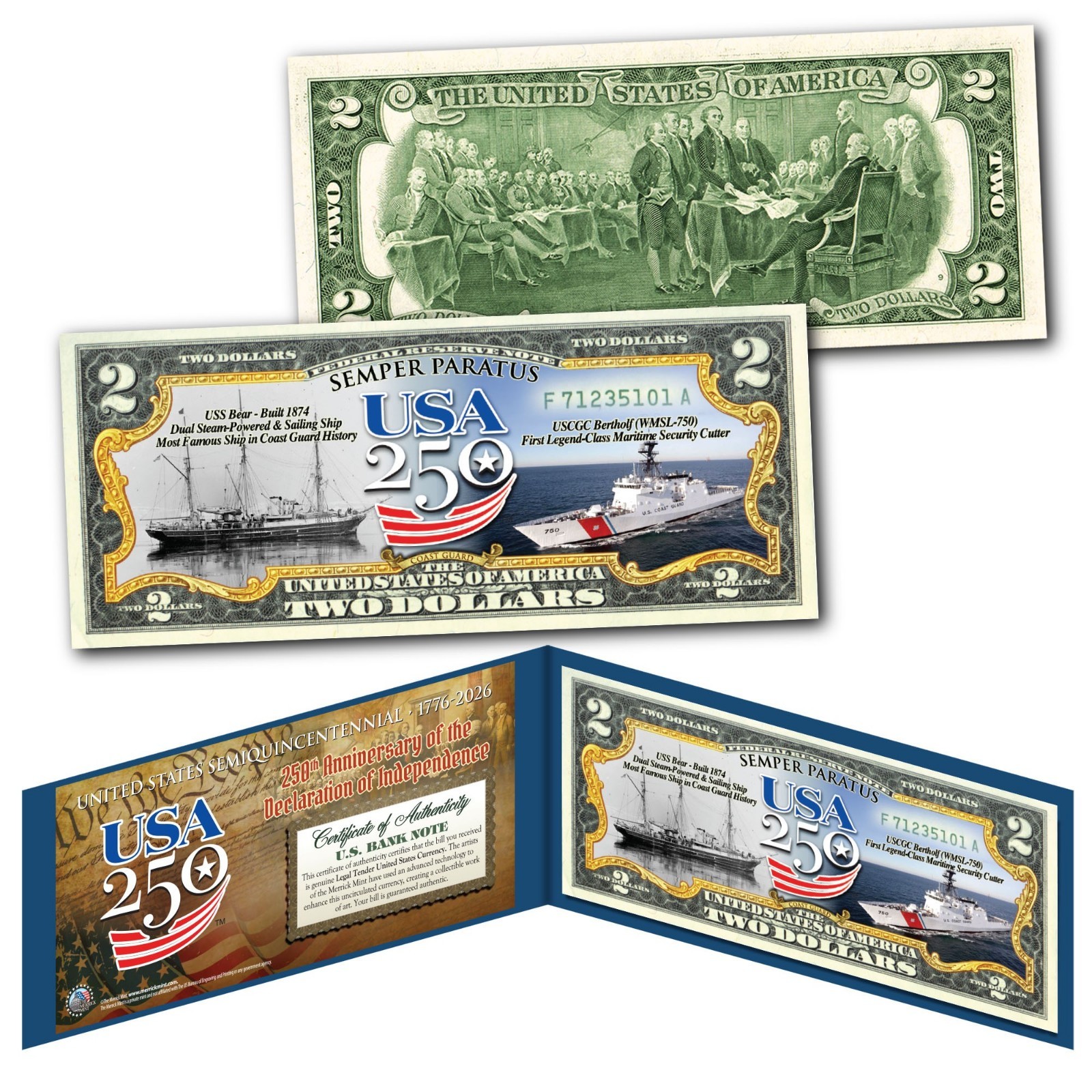COAST GUARD - USA America 250 Anniversary USS Bear Historic Ship U.S. $2 Bill