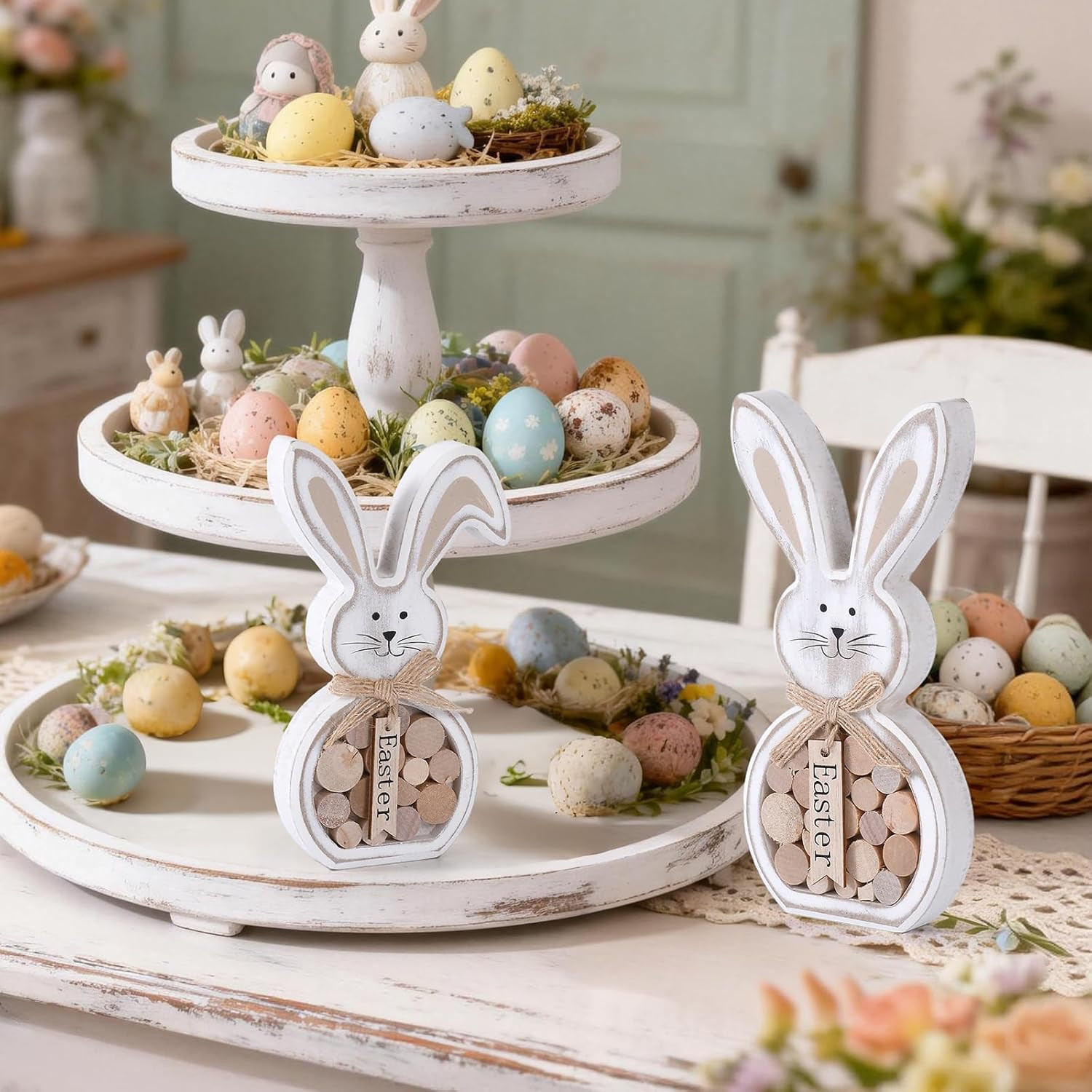 Easter Decorations, 2Pcs Easter Table Decorations for Home,Farmhouse Retro Woode